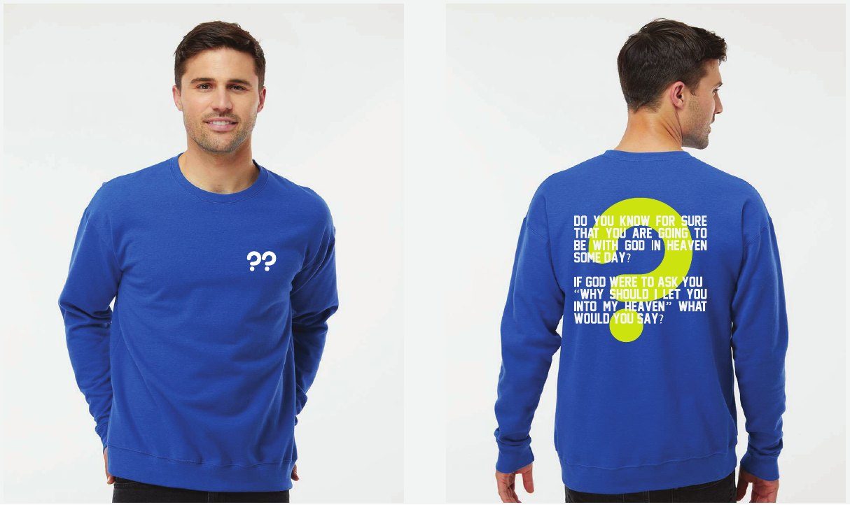 Blue crewneck sweatshirt, front and back